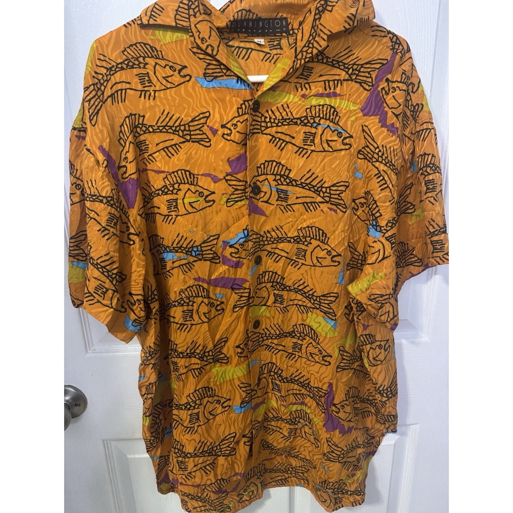 Vintage Dunnington Men's Silk Fish Skeleton Print Orange Shirt m SS Beachy